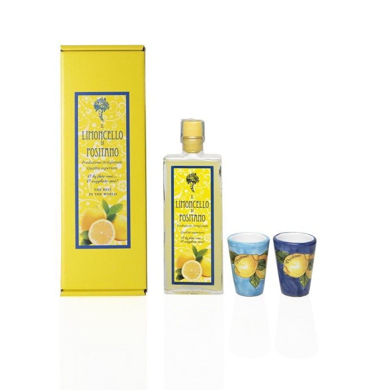 Limoncello artigianale 20 cl e 2 bicchierini di ceramica fatti a mano - Sapori e Profumi di Positano