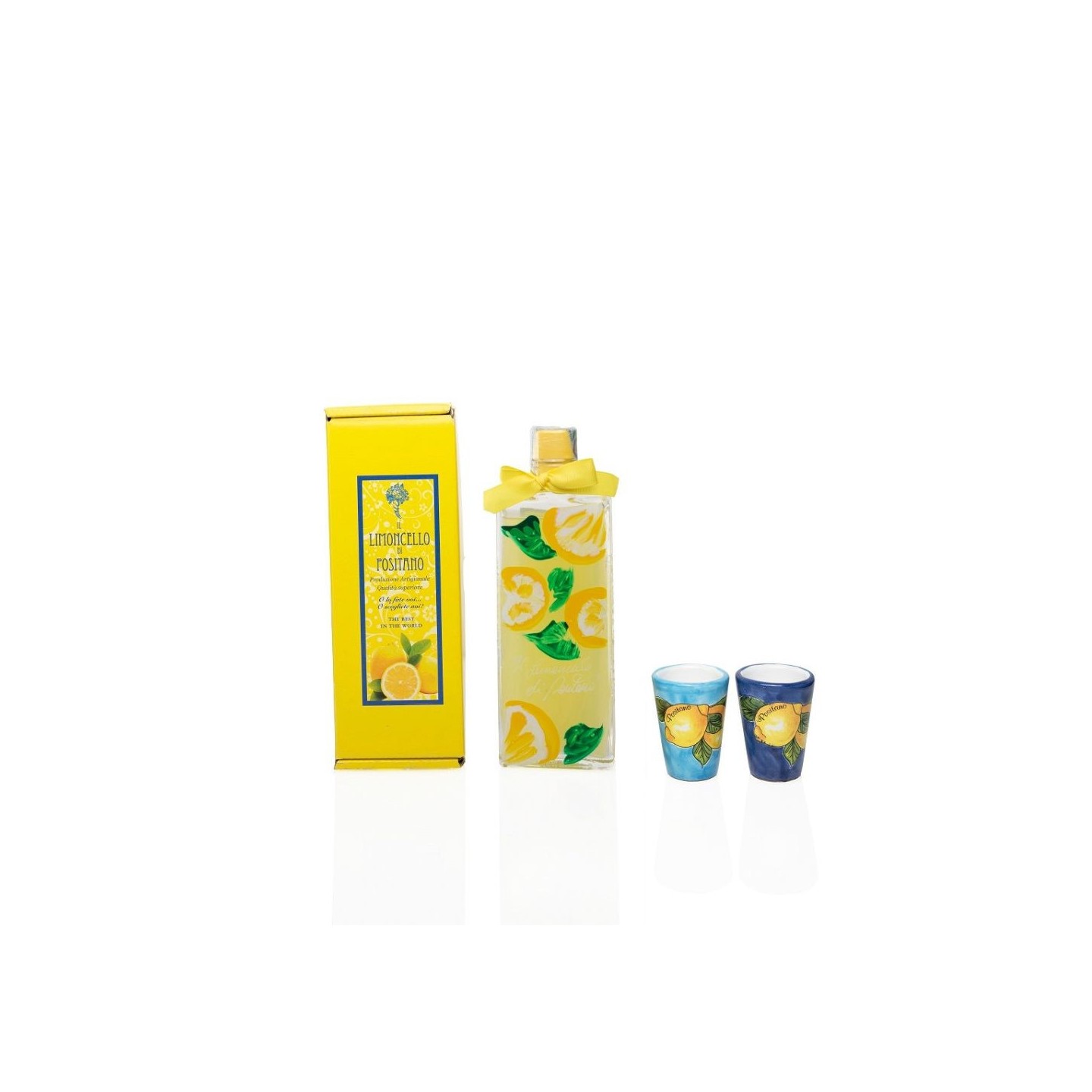 Handmade Limoncello 20 cl with handcrafted ceramic shot glasses from the online shop in Positano – Sapori e Profumi di Positano