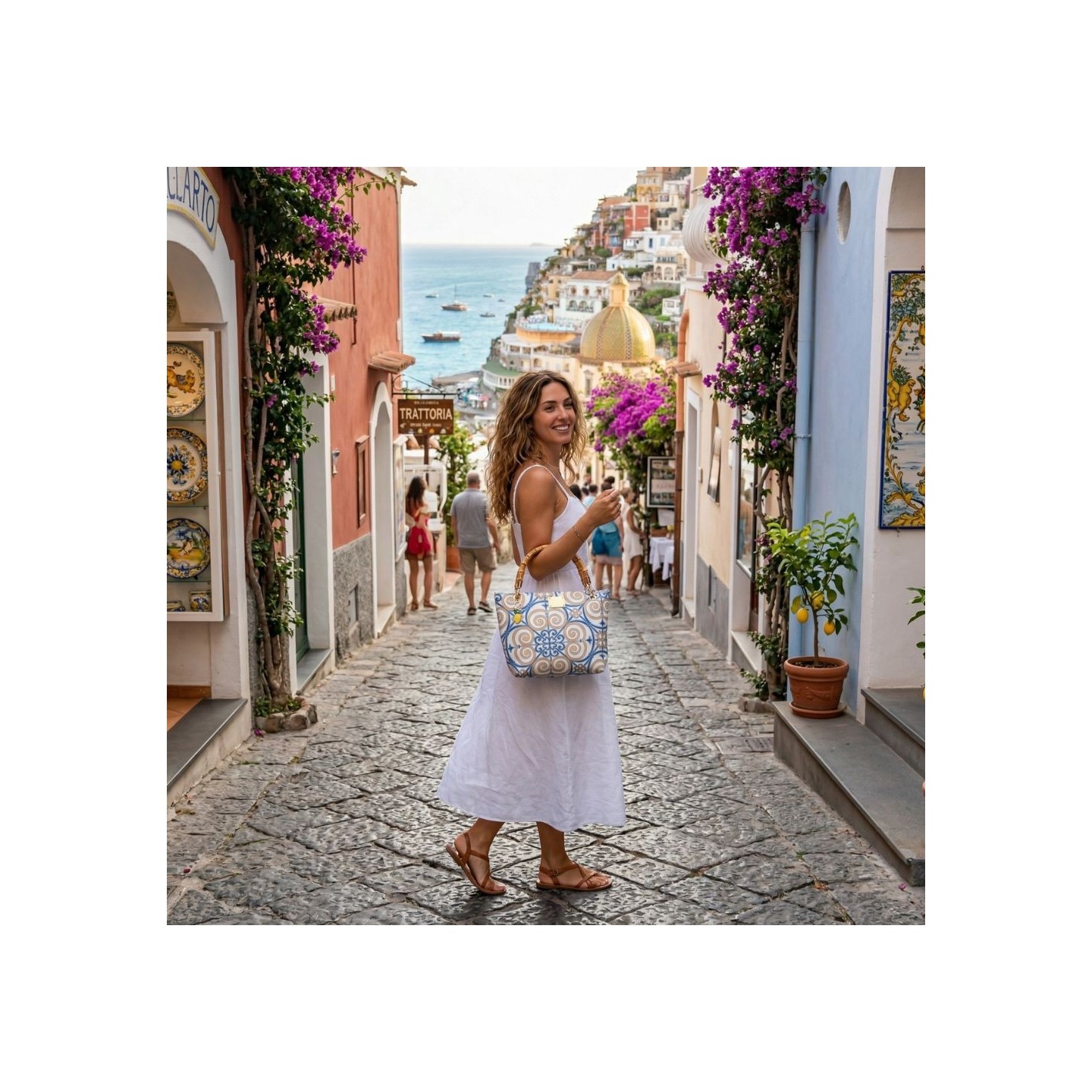 Cotton and silk bag from San Leucio, handmade in Italy with a real bamboo handle – Sapori di Positano