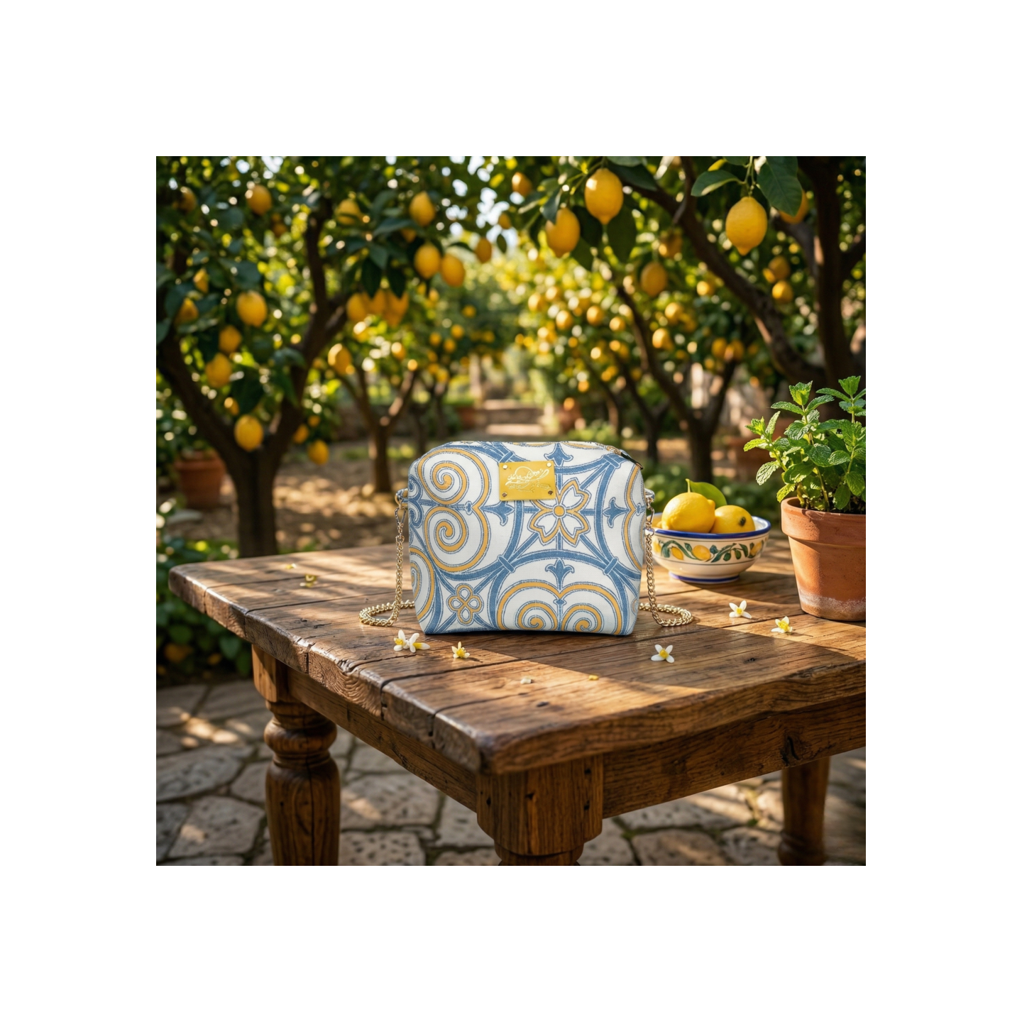 Cotton and silk bag from San Leucio, handmade in Italy with with a chain strap – Sapori e profumi di Positano