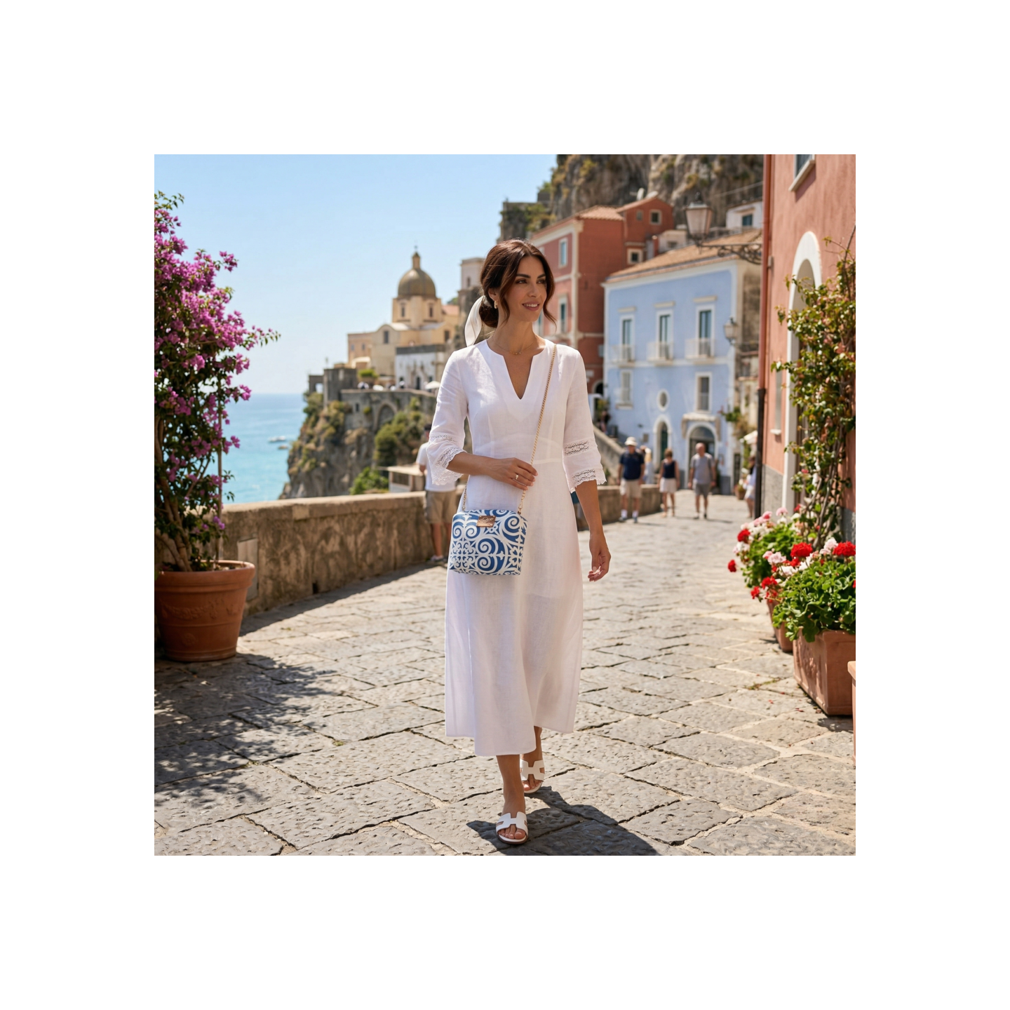 Borsa in cotone e seta di San Leucio realizzata a mano in Italia con tracolla catena – Sapori e profumi di Positano