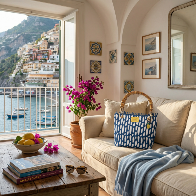 Borsa in canvas e merletto italiano a mano in Italia con manico vero bamboo – Sapori e profumi di Positano