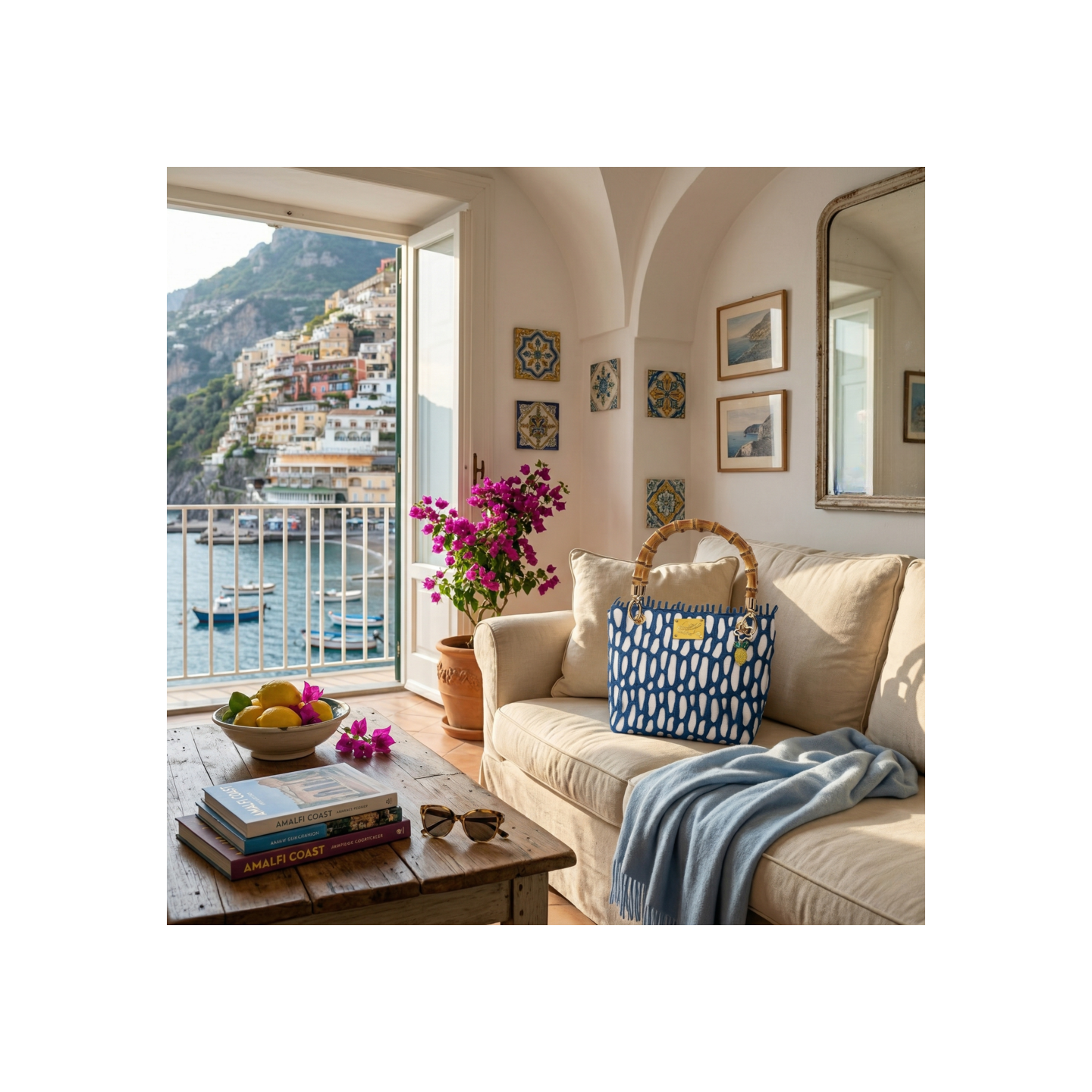 Borsa in canvas e merletto italiano a mano in Italia con manico vero bamboo – Sapori e profumi di Positano