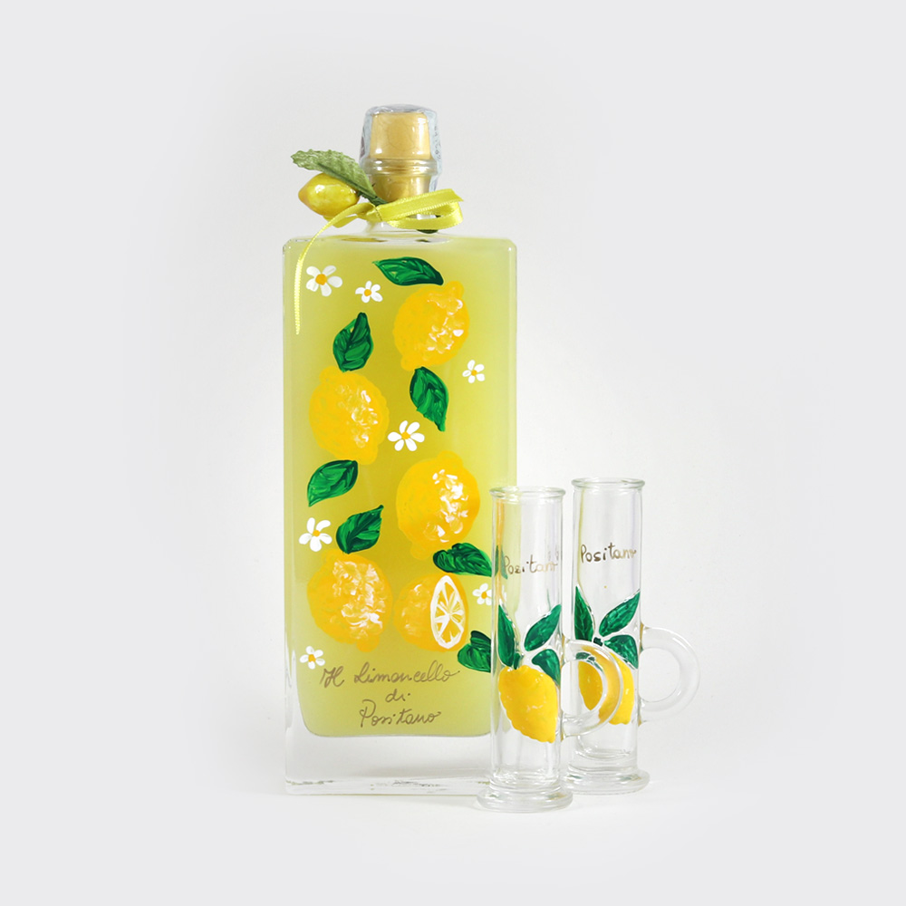 Limoncello bottle of 50 cl decorated with two hand-painted glasses